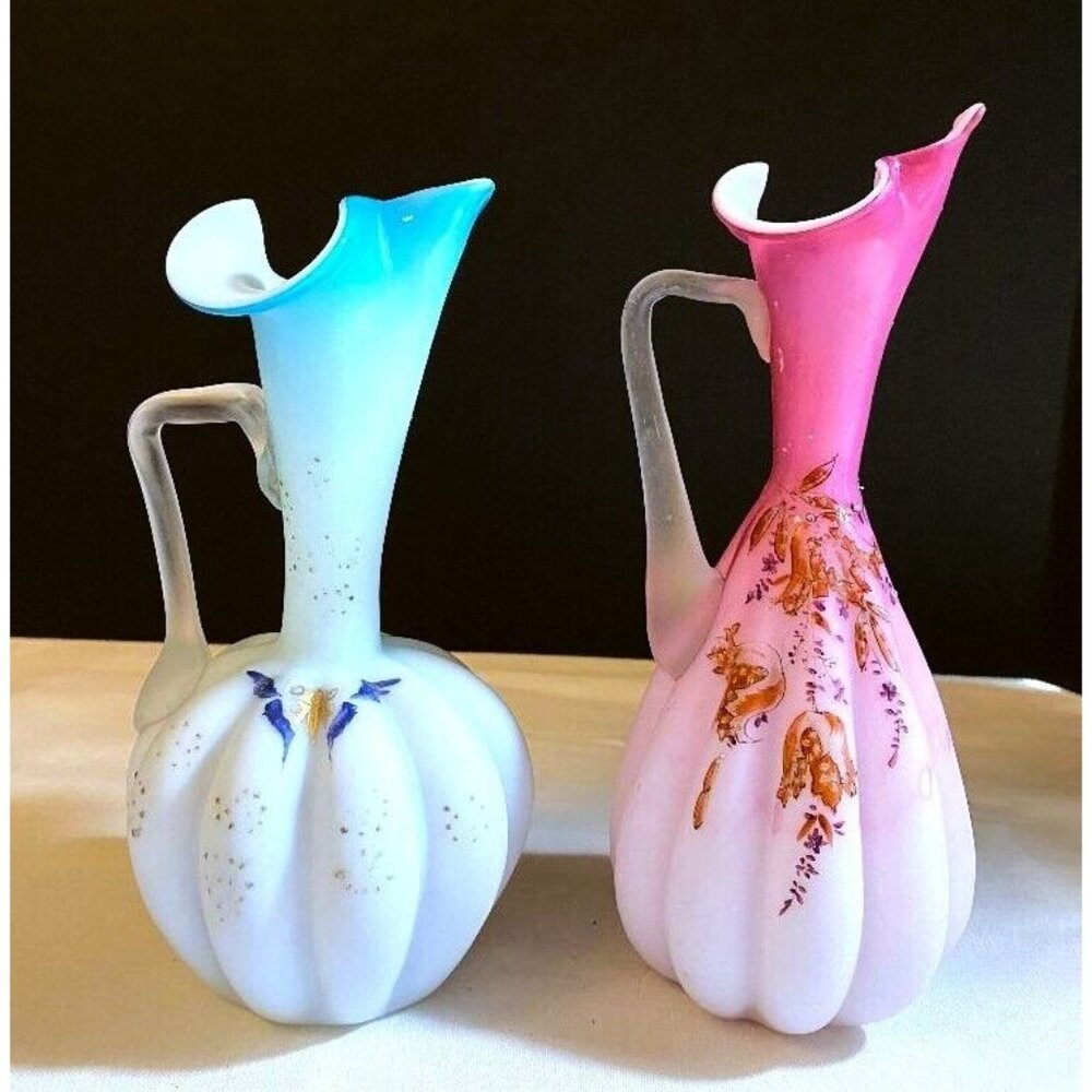 Victorian Mt. Washington Melon Shaped Cased Satin Pink/Blue Enamel Ewer/Pitcher